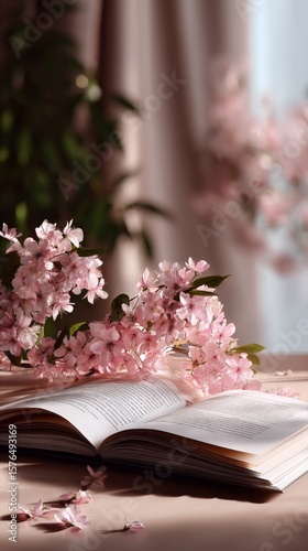 Blooming Cherry Blossoms Surround an Open Book on a Sunlit Table