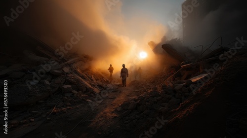 Aftermath of massive earthquake with collapsed infrastructure at sunset
