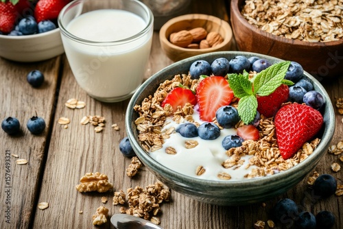Healthy Breakfast Bowl With Yogurt, Berries, and Granola on Wooden Table