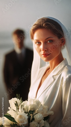 Bride Holding Bouquet at Beach Wedding With Groom in Background During Sunset