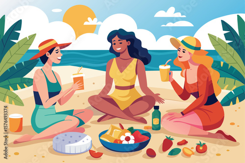 Three friends relax and enjoy refreshing drinks and delicious food on a sunny beach. The atmosphere is vibrant, joyful, and full of summer vibes, with laughter and friendship all around.