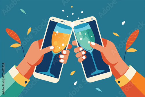 Colorful illustration depicting two hands clinking virtual glasses using smartphones, symbolizing celebration and connection in a digital world. Ideal for themes of technology and remote interaction.