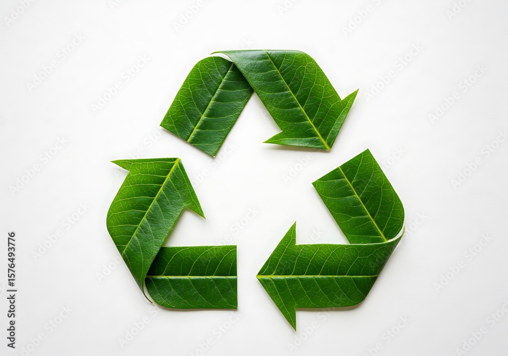 Obraz premium A recycling symbol crafted from green leaves, symbolizing environmental conservation and renewal.
