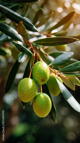 Fresh Green Olives Growing on Branch in Sunny Orchard During Warm Afternoon