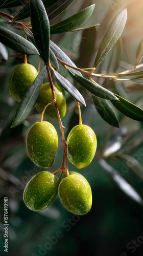 Fresh Green Olives Growing on Branch in Sunny Orchard During Warm Afternoon