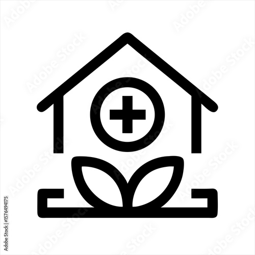 House with plus sign and plant silhouette vector illustration