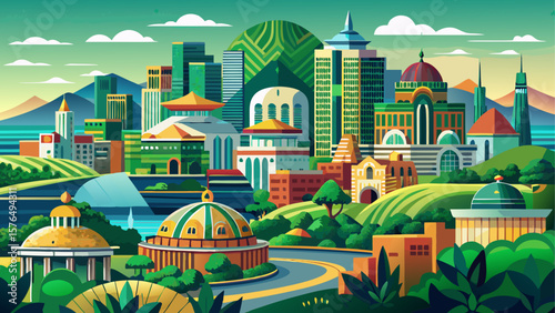 Addis Ababa, Ethiopia – Green highlands cradle a dynamic capital with wide avenues, vibrant murals, and bustling cafés. Orthodox churches and modern towers merge in a textured, layered cityscape.