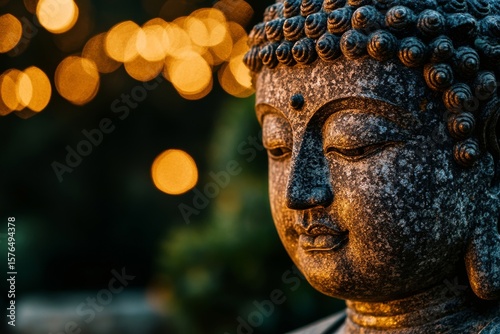 Serene Stone Buddha Sculpture Surrounded by Warm Glowing Lights in a Peaceful...