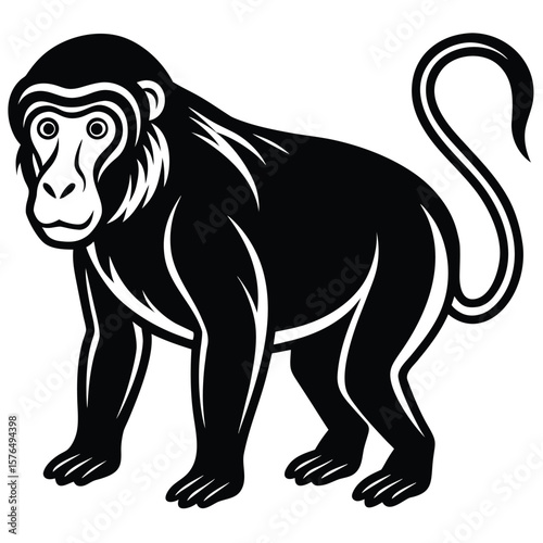 Black monkey silhouette with curly tail and detailed face primate animal