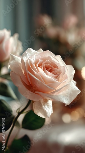 Delicate Pink Rose Blooms in Soft Light With Blurred Floral Background