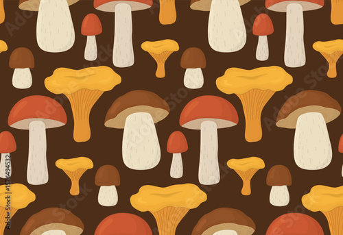 Seamless pattern with mushrooms. Autumnal hand drawn background