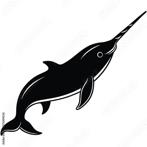 Black narwhal with long tusk whale marine mammal