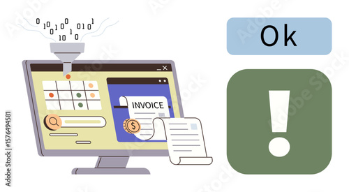 Monitor with invoice software, binary code funneling data, approval symbols, and interface icons. Ideal for technology, automation, machine learning, invoicing, business efficiency data processing