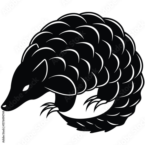 Black pangolin silhouette curled defensively white