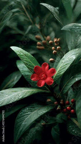 Bright Red Flower Blooming Among Lush Green Leaves in a Serene Garden Setting
