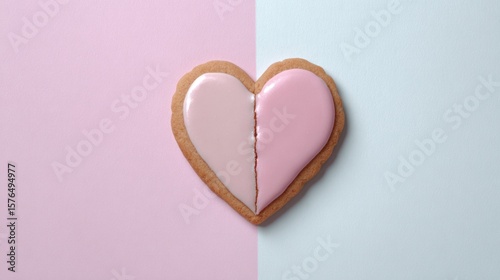 Heart-shaped cookie, iced in pink and light pink, split in half
