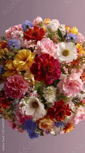 Colorful Floral Arrangement With Yellow Flower Surrounded by Various Blossoms...