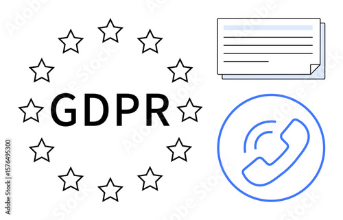 Circular star pattern highlights GDPR text beside a document symbol and phone call icon. Ideal for data protection, regulation, privacy law, compliance, communication, technology, legal frameworks