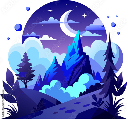 Moonlit Mountain Landscape: Cartoon Night Scene with Peaks and Trees vector art