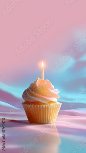 Cupcake With Candle Glowing Softly in Pastel Colors During a Celebration
