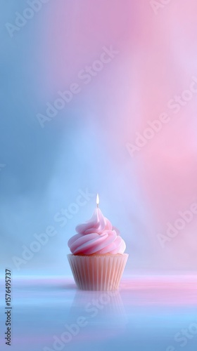 Cupcake With Candle Glowing Softly in Pastel Colors During a Celebration