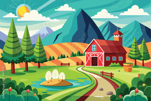 Colorful illustration of a picturesque farm scene with a barn, winding path, trees, and mountains, capturing a peaceful rural landscape in a vibrant cartoon art style.