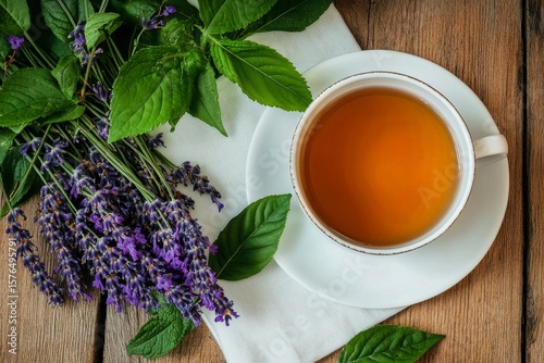 Relaxing Tea Experience With Lavender and Fresh Greens on Wooden Table