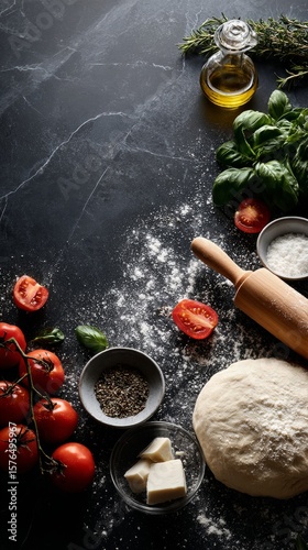 Preparing Fresh Pizza Dough With Ingredients on a Countertop at a Home Kitchen
