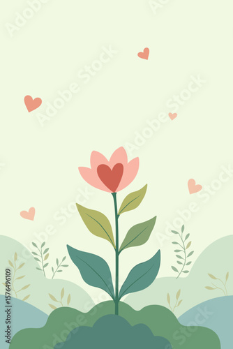 Single blooming flower with hearts in a serene landscape, symbolizing love and growth