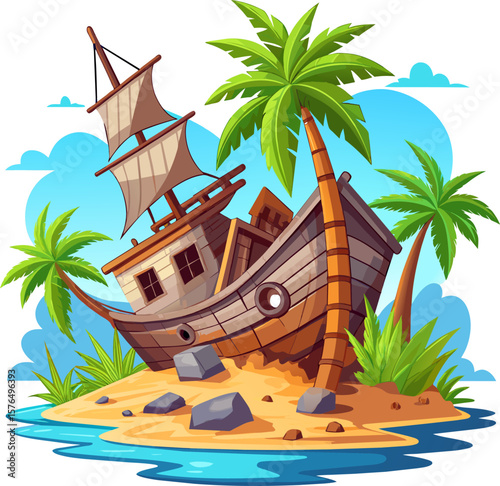 Cartoon Shipwreck Island: Tropical Adventure Scene