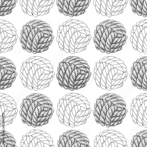 Canvas Print Seamless pattern of knotted ropes cords monkey fist knot ball Nautical thread whipcord with loops and noose, braided, spiral fiber