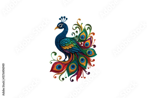 A peacock hype realistic paper quilling vivid colors On White Background.01
