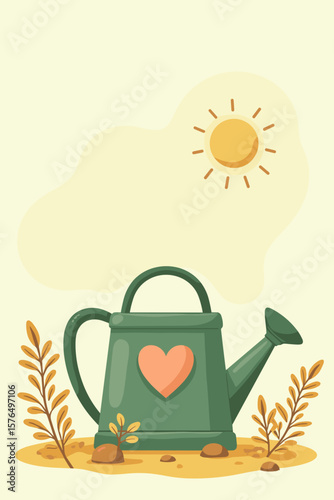 Green watering can with a heart symbol in a sunny garden setting