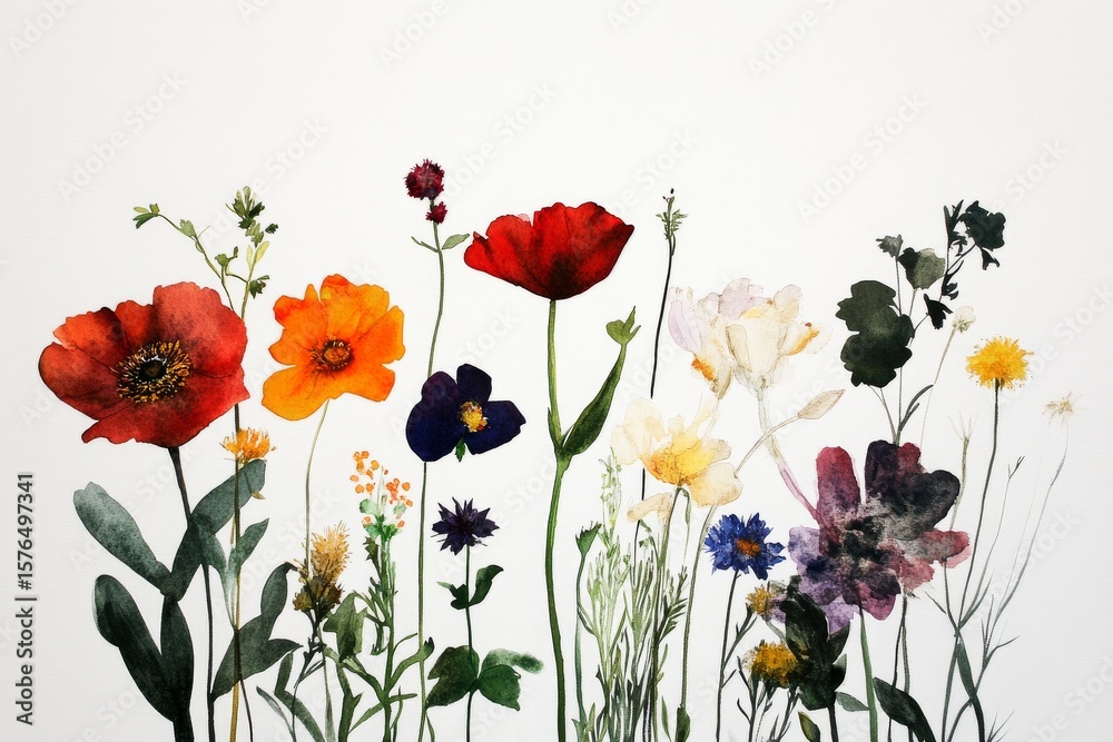 Fototapeta premium Beautiful Watercolor Flowers in Various Colors Showcasing Natures Beauty