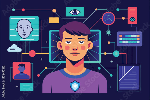 Colorful illustration showcasing a persons digital identity with interconnected data symbols, representing technology, networking, and communication in the digital ecosystem.