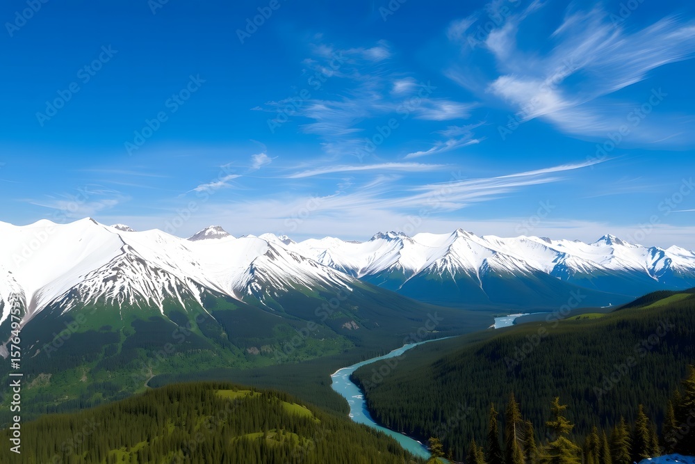 Fototapeta premium Snowy mountains of Alaska, landscape with forests, valleys, and rivers in daytime. Serene wilderness nature composition background wallpaper, travel destination, adventure outdoors