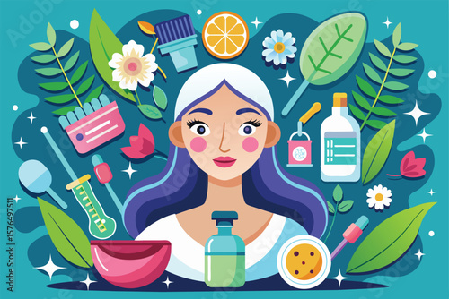 Colorful illustration depicting a woman with various natural skincare products and plant elements, symbolizing beauty and self care routines using organic ingredients.
