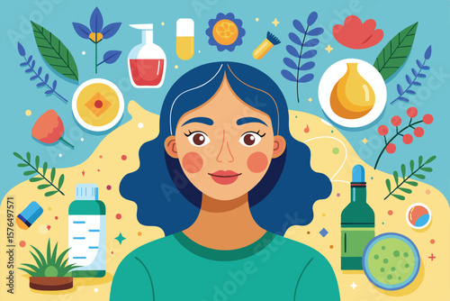 Illustration of a woman surrounded by various skincare and wellness products, evoking a sense of self care and natural beauty. Includes creams, oils, and leaves.