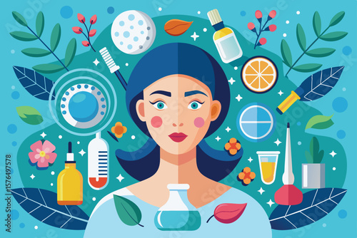 Colorful illustration depicting a woman amidst various skincare and beauty items, emphasizing wellness and self care with a vibrant and artistic aesthetic.
