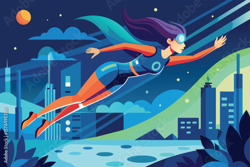 Illustration of a superhero woman soaring over a vibrant, futuristic city under the night sky. Ideal for concepts of empowerment, adventure, and science fiction.