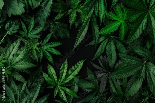 Close-up View of Lush Green Cannabis Leaves Arranged Artistically on a Dark B...