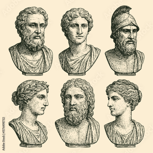Vintage Greek Bust Illustrations, Classical Sculpture Ink Engraving, Antique Art Style