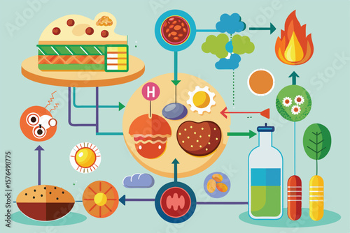 Colorful illustration depicting the elements of a food chain with various nutritional components. Features food icons, vitamins, and energy symbols, illustrating a complex nutritional process.