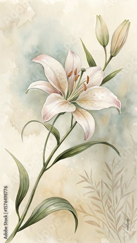 Delicate white lily watercolor painting flower pink