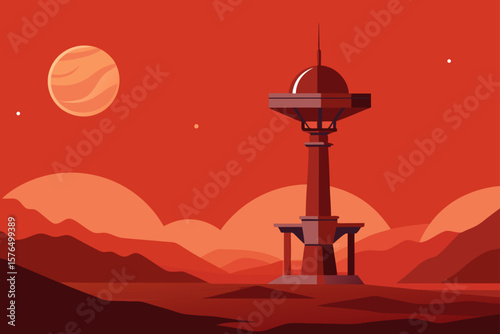 Futuristic Scene with Abandoned Space Elevator on Mars