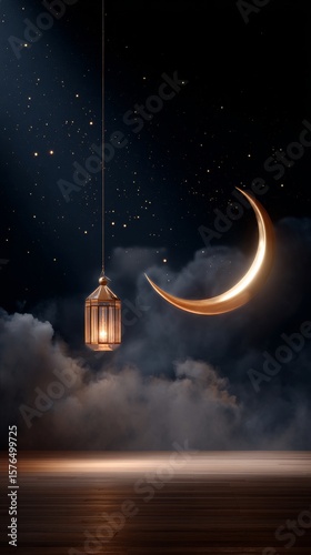 Moonlit Lantern Hanging Among Clouds and Stars in a Serene Night Setting