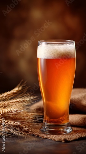 Craft Beer in a Tall Glass With Wheat Stalks on a Rustic Wooden Table