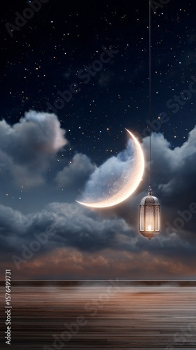 Mystical Crescent Moon and Lantern Glowing Above Calm Water at Night