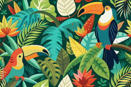 Seamless Pattern of Brazilian Birds Toucan Parrot and Jaguar