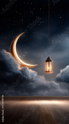 Mystical Crescent Moon and Lantern Glowing Above Calm Water at Night